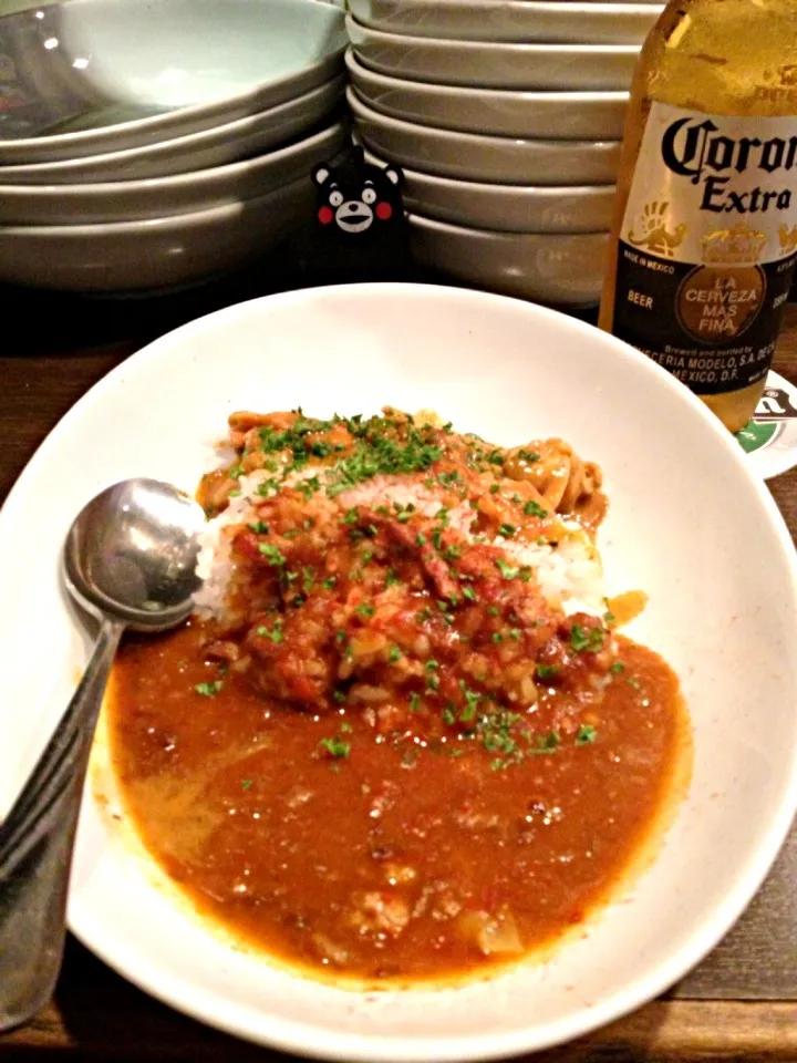 タケノコとエビのタイカレーとデミトマトカレーのWカレー、今週は同じメニューを3杯目。2013#184|大阪カレー部長さん