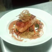 southern Barbequed lacquered Salmon
Grilled Sweet Corn Flapjacks, summer Vegetable Julienne & Buttermilk Onion rings