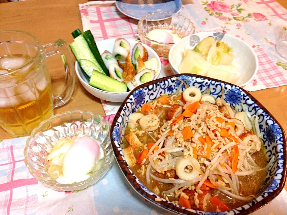 もやしと竹輪の中華炒め餡掛け、温泉卵、竹輪きゅうり、白菜の漬物、アセロラ黒酢サワー|相良幸子さん