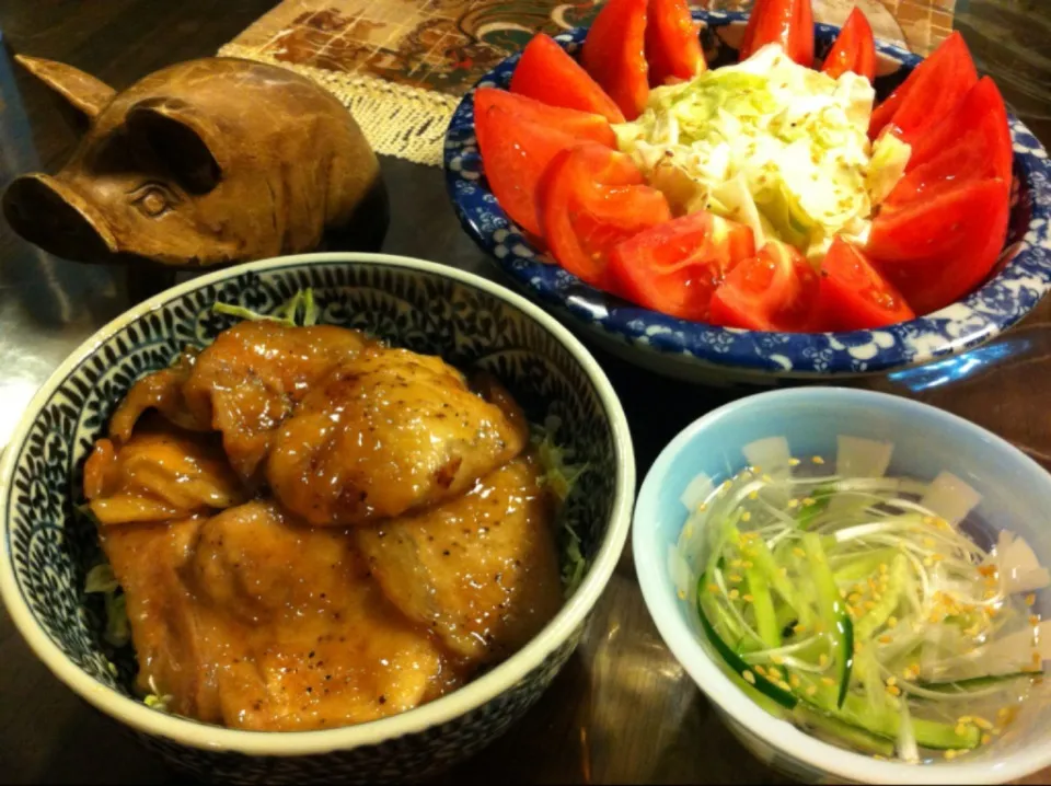 豚照り丼♡冷やし汁♡塩キャベツ|ちゃきさん