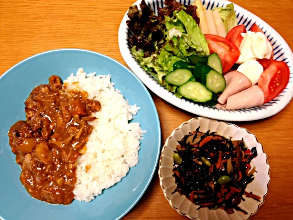 カレーライス、野菜サラダ、ひじき煮|マグワイアさん