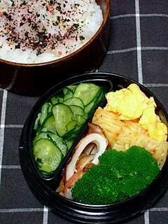 Snapdishの料理写真:お弁当（ふりかけご飯、きゅうりの酢の物、炒り卵、じゃがいものチーズガレット、ブロッコリー、焼きいか）|すーさん