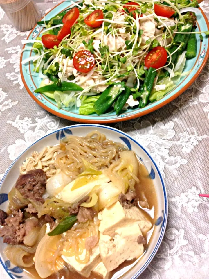 Snapdishの料理写真:肉豆腐＆蒸し鶏サラダ|りえさん