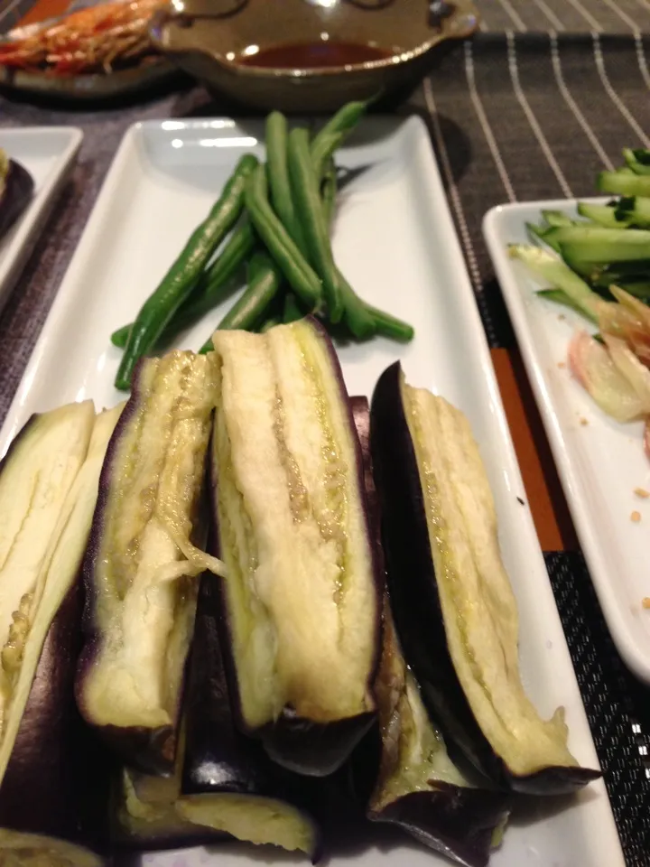 蒸し茄子とインゲン 酢味噌で|あきらさん