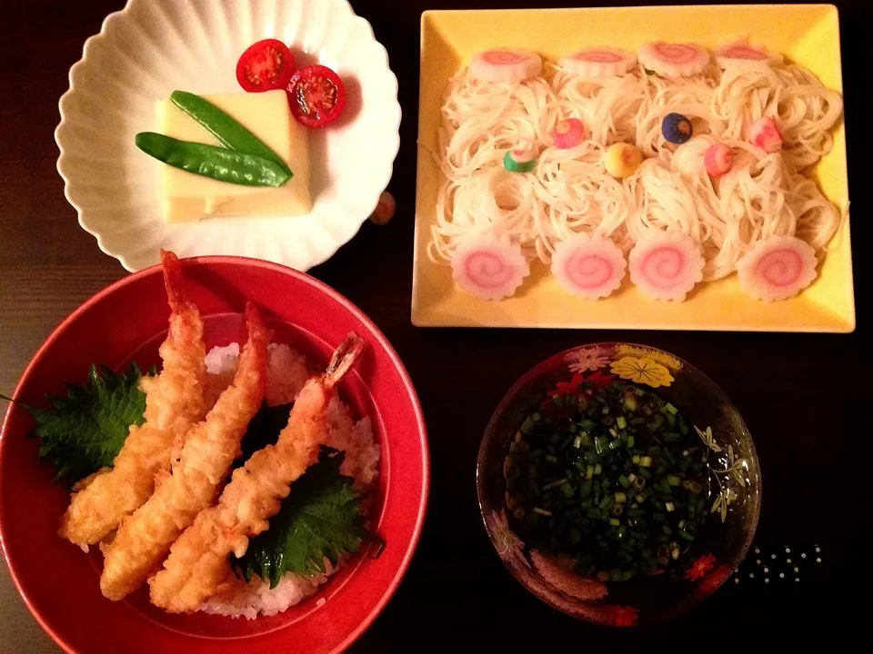 海老天丼と素麺|みりーさん