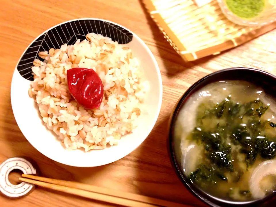 押麦御飯に梅、玉葱アオサの味噌汁|ユキさん