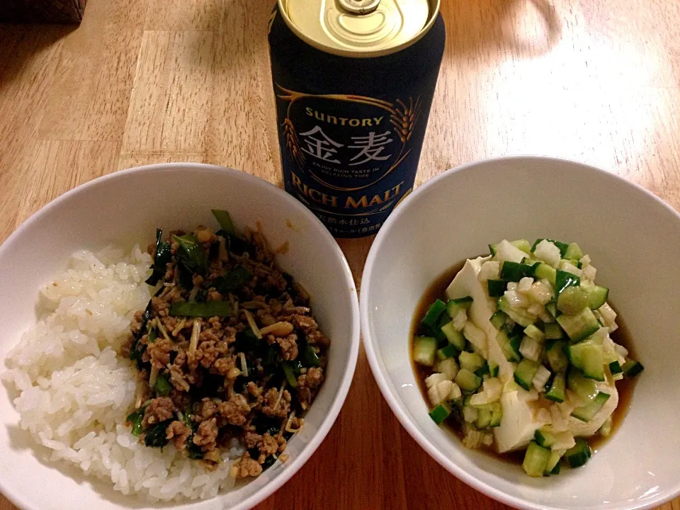 ニラひき肉丼＆きゅうり長芋やっこ|みかさん