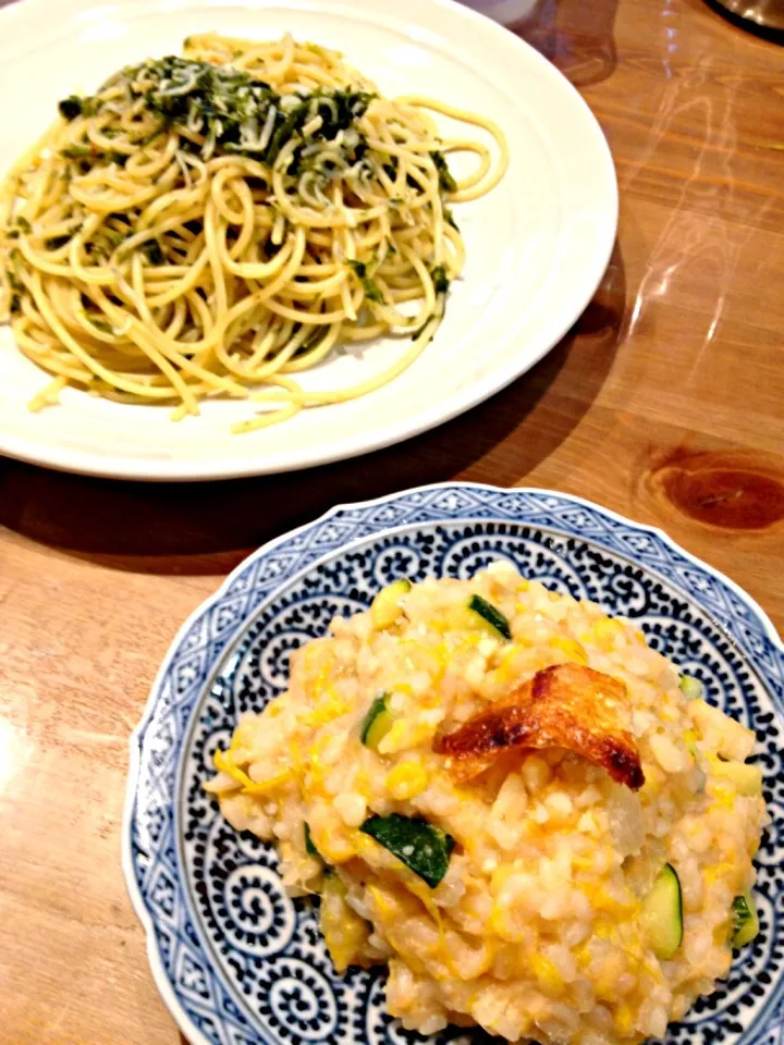 アオサパスタと塩鮭とズッキーニと菊の花のリゾット|ひとみさん