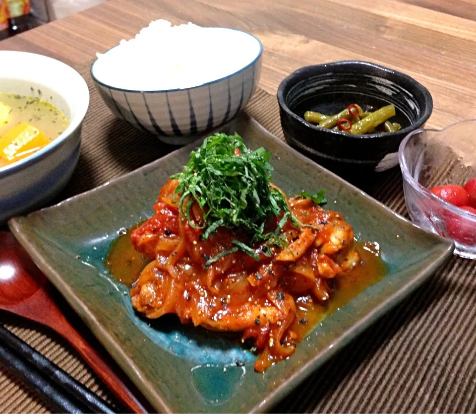 Snapdishの料理写真:鶏もも肉の和風トマト煮、ポトフ、いんげんの揚げびたし、ミニトマトの蜂蜜レモン漬け、ごはん|サチさん