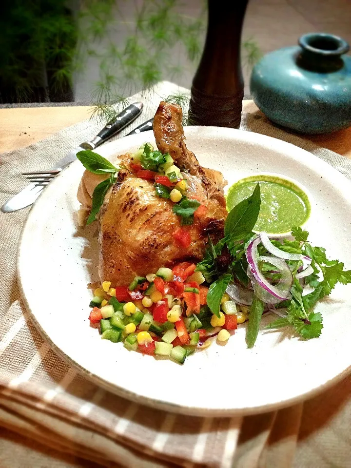 Snapdishの料理写真:Grilled chicken,sweet corn and pepper salsa,coriander dressing|rick chanさん