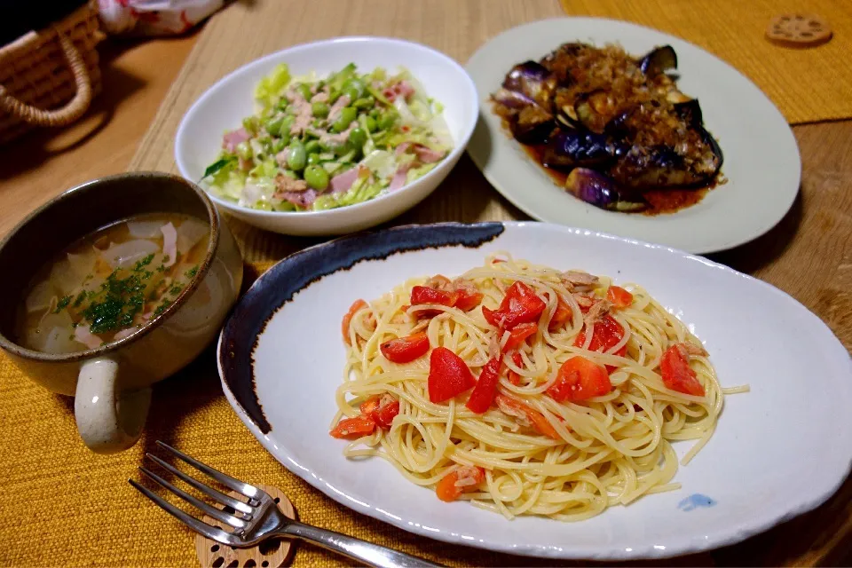 トマトとツナのパスタ 茄子のポン酢がけ 枝豆サラダ|中町さん