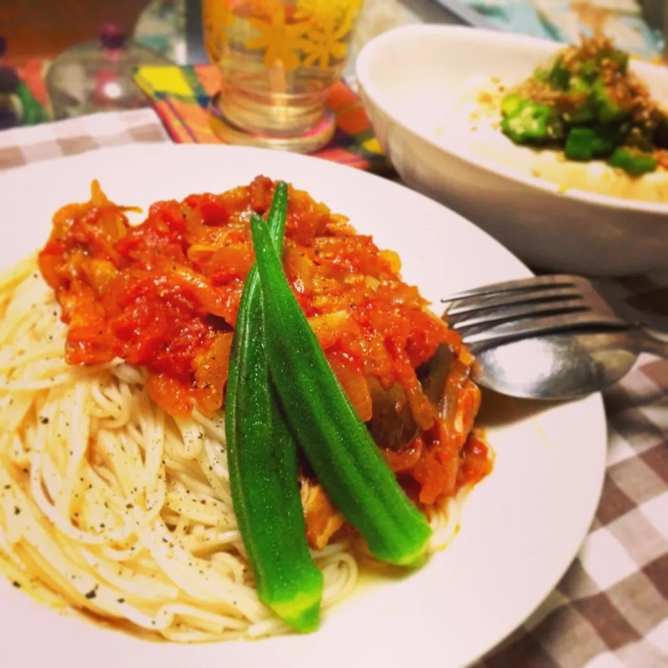 Snapdishの料理写真:今日のトモコンダテはトマト煮込み素麺🍅💚🍴|🇯🇵ともこちゃん。さん