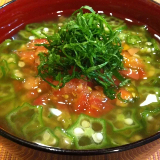 オクラの冷し茶漬け🍚 先週『今日の料理』で紹介されてたお料理ですが…とても美味しいのでご紹介😄オクラの粘り気でトロトロの汁になるんです！我家では既にリピ二回目✌|mikachiさん