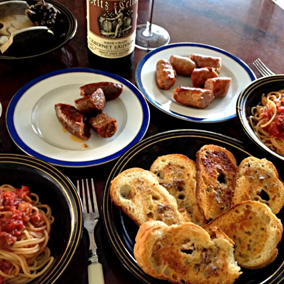 Homemade sausage, pasta, anchovies toast and great red wine - simple rustic and delicious|lauren shannonさん