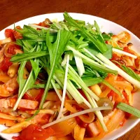 キノコとトマトと水菜のパスタ|みきさん