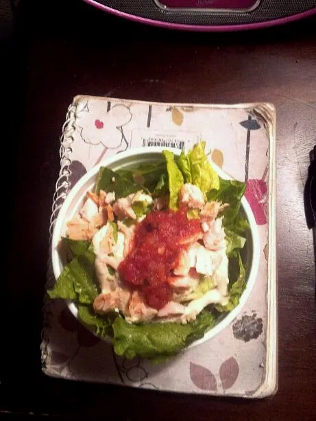 Leafy Romaine salad , with grilled chicken , light Caesar dressing & moes organic salsa on top .|preciousさん