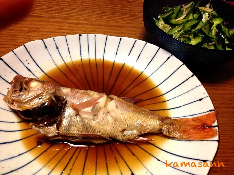 のどぐろの煮付け🐟キュウリ、茗荷、大葉の和え物|かまさん