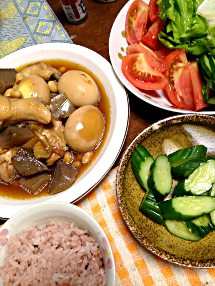 鶏肉と卵の煮物 サラダ 糠漬け|掛谷節子さん