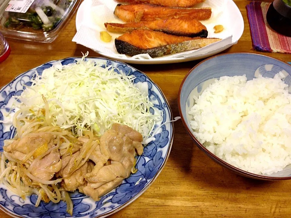 鶏の生姜焼き、キャベツ、焼き鮭、ネバネバサラダ(^O^)／|すかラインさん