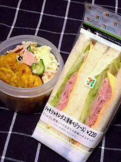 お弁当（セブンイレブンのサンドイッチ、ポテトサラダ、ささみのカレーピカタ）|すーさん