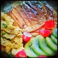 Snapdishの料理写真:Blueberry Pancakes with Fruit Salad and Scrambled Eggs with Veges|& always freshさん