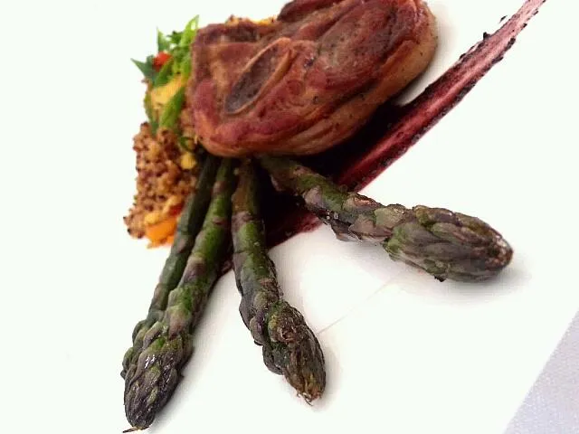 lamb shoulder chop over rainbow quinoa vegetable fried rice w. purple asparagus@ premier beverage catering!|chefchin0さん