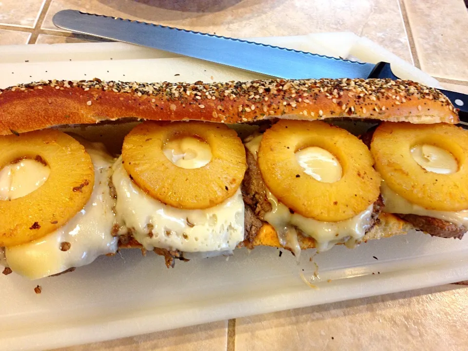 Snapdishの料理写真:Pineapple Swiss turkey burgers on baguette! (Siracha aioli)|David McGuireさん