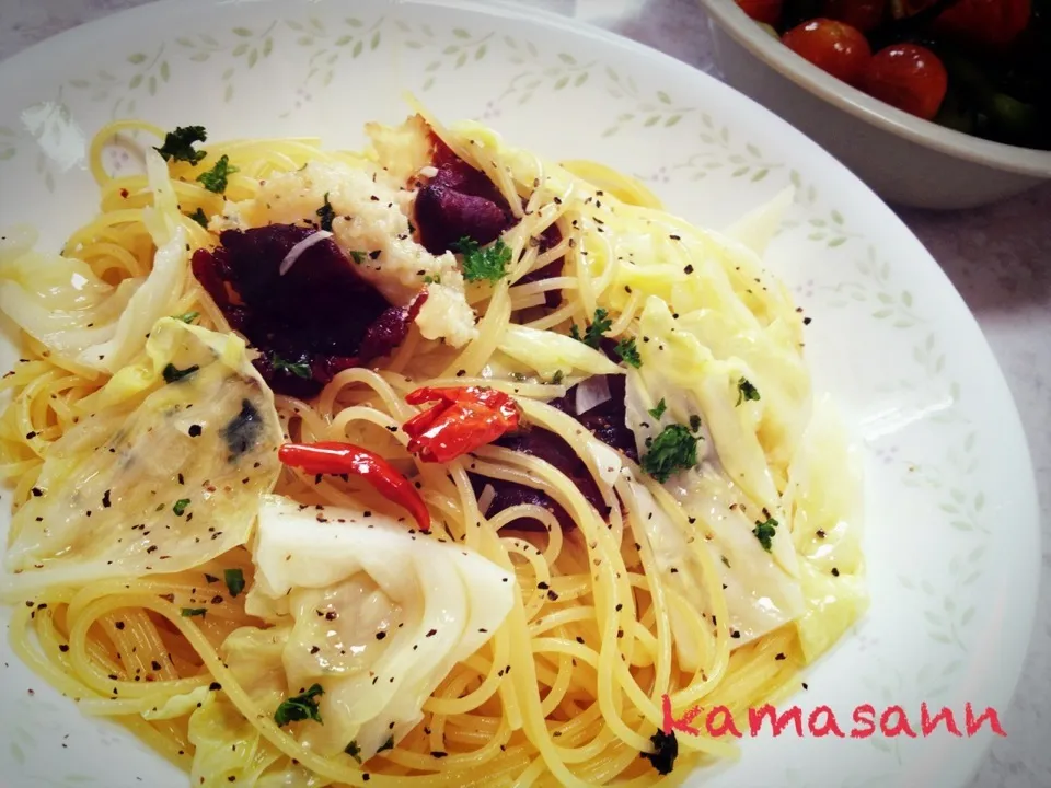 鯨ベーコンとキャベツのパスタ|かまさん