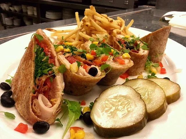 Roasted Turkey Club Wrap served with a Citrus Avocado Aioli & a Sun Dried  Tomato Aioli & garnished in corn relish & Micro Greens|Bryan S. Mooreさん