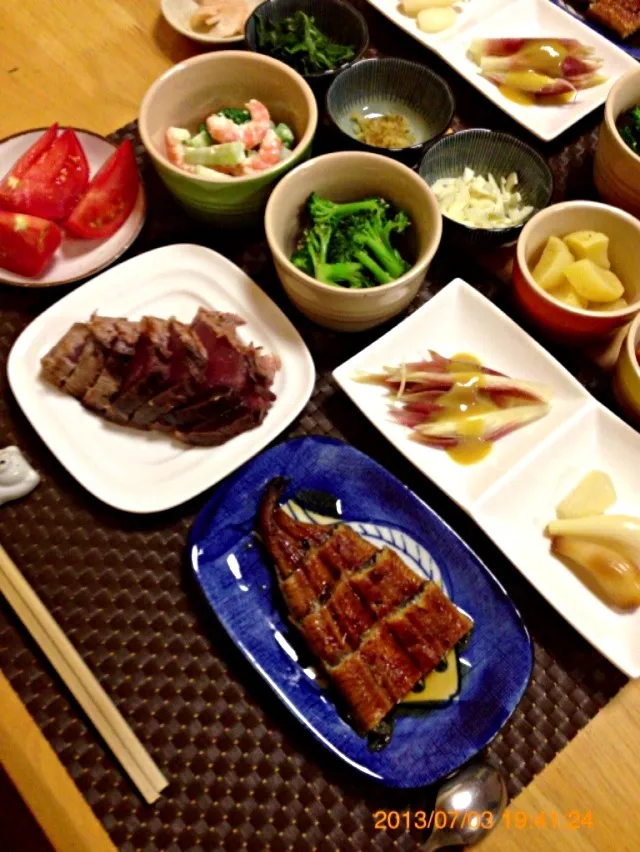 うなぎとカツオのたたきで晩ご飯|ちかさん