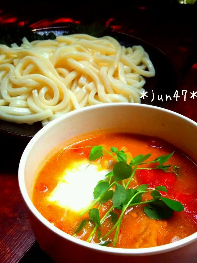 いなばのカレー缶(黄色)をうどんで♪  ざく切りトマト入り！|jun47さん