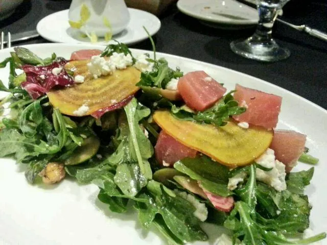 Roasted amd Raw Beet Salad with ceringola olive, charred chickpeas,  feta , greek vinaigrette|Austin McKennaさん