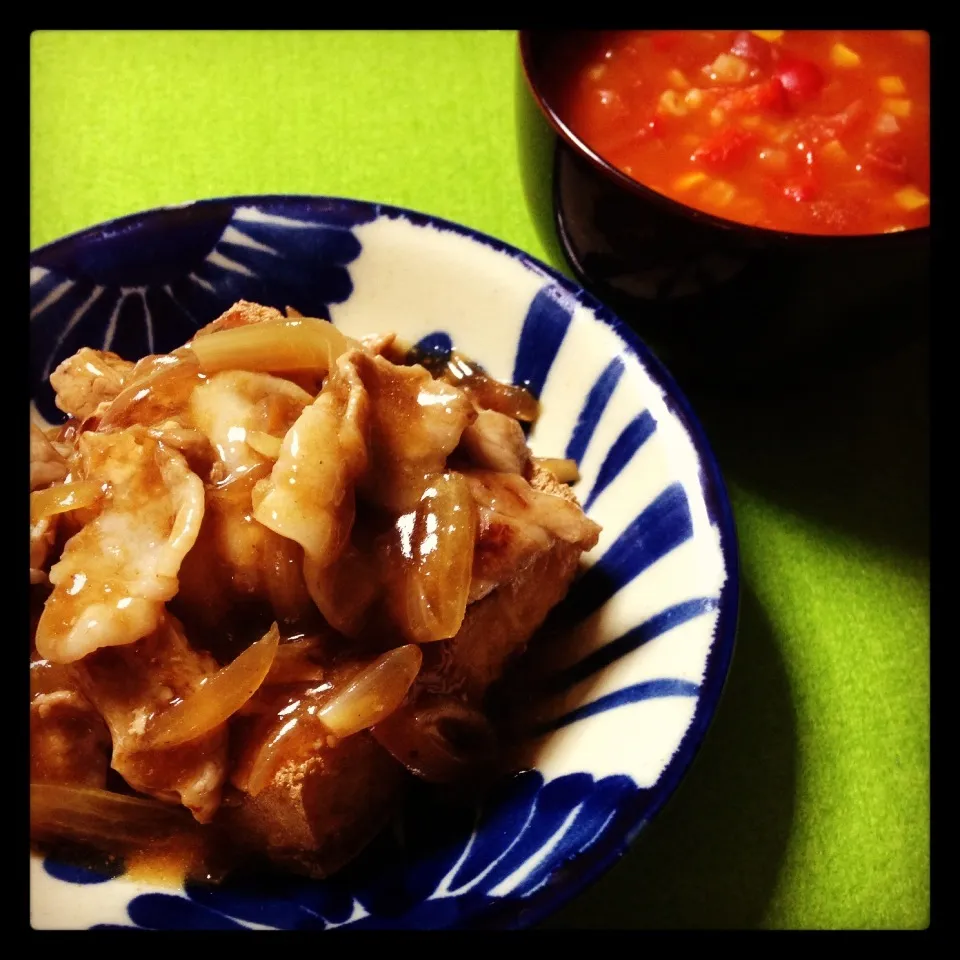 カリカリ厚揚げのバラ肉あんかけ♪ 押麦と野菜のトマトスープ♪ 玄米ご飯は解凍中(｡-∀-｡)♪|naoさん