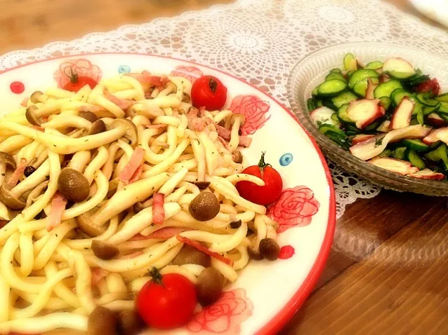 ＊ペペロンチーノうどん、タコきゅうりの酢の物|ごあみさん