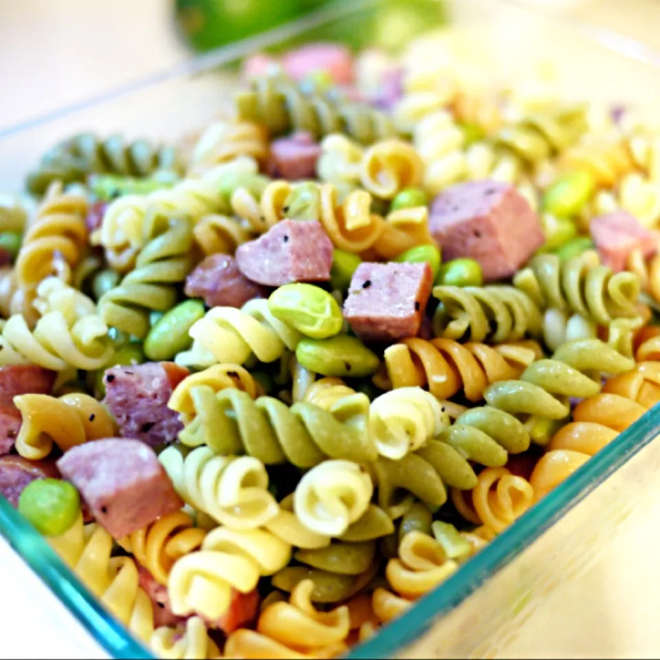 Tri-color Pasta Salad with soy beans and turkey chunks|MyRaXさん