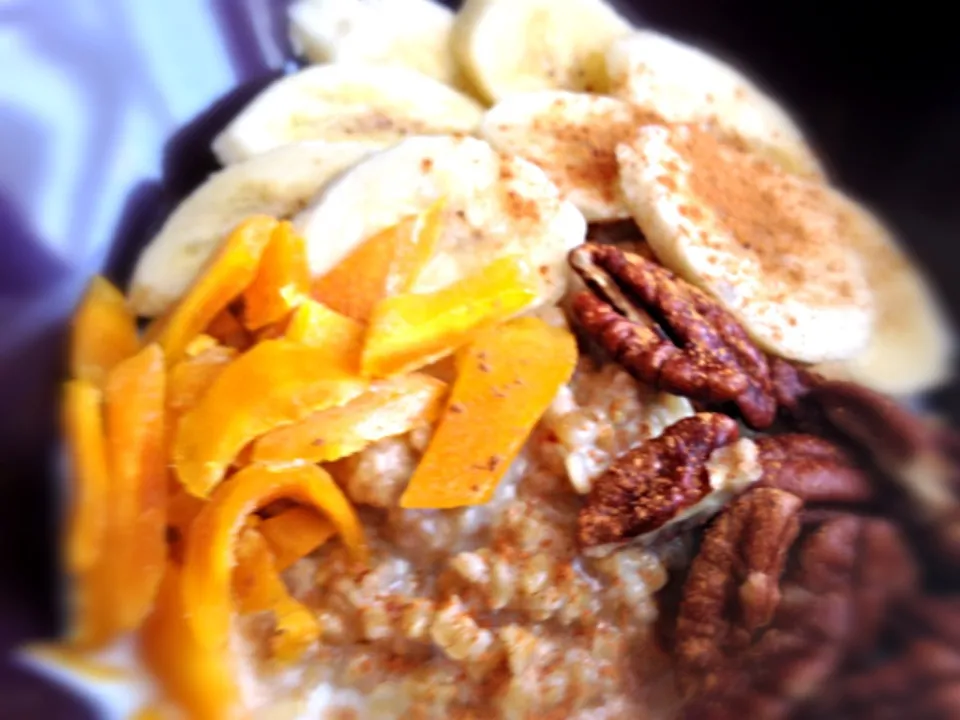 Breakfast on Sunday: Steel Cut Oats with Mango, Banana and Pecan|6畳フィットネスさん