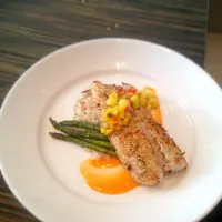 Snapdishの料理写真:Broiled snapper with a wild mushroom risotto grilled asparagus and a red pepper coulis and garnished with mango salsa|zac sayersさん