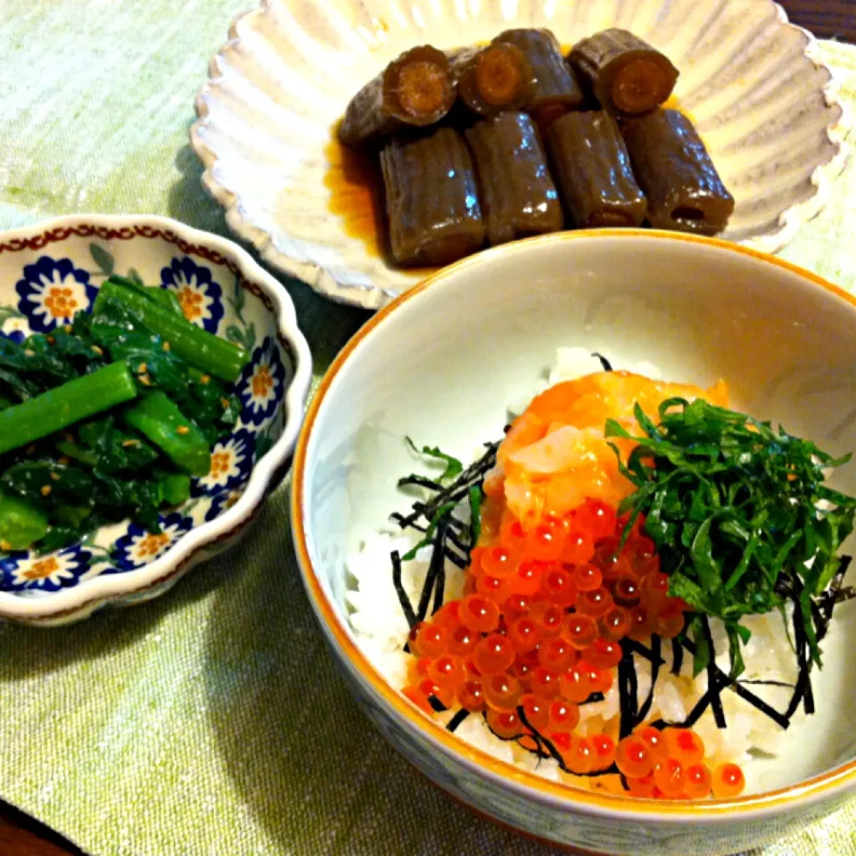 海鮮丼、ごぼうのこんにゃく巻、ツルムラサキのナムル|きりママさん