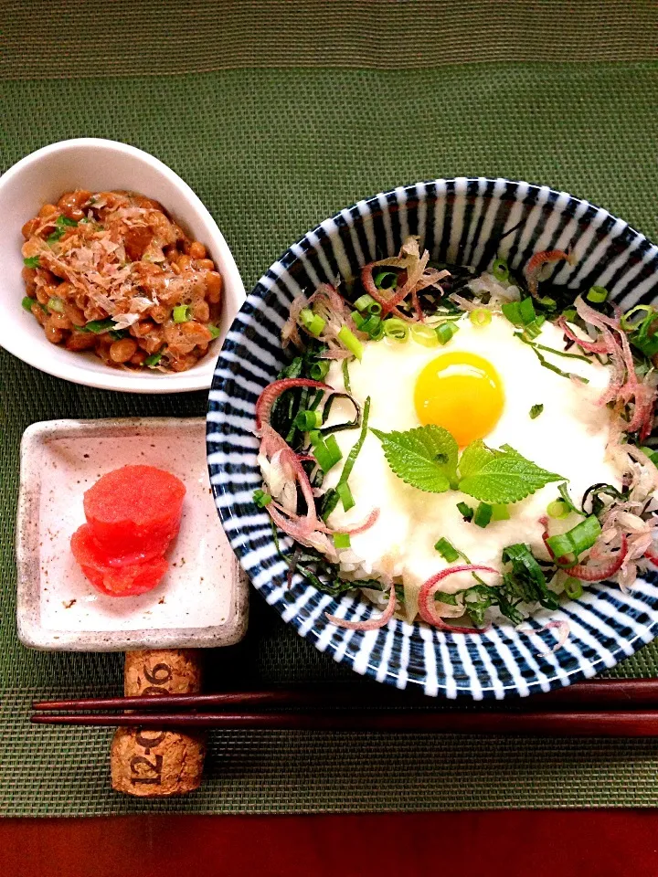 Rice bowl of yamato sticky yam&harb w/natto,cod roe 🌿大和芋のとろろねばx2&薬味どぉん|🌈Ami🍻さん