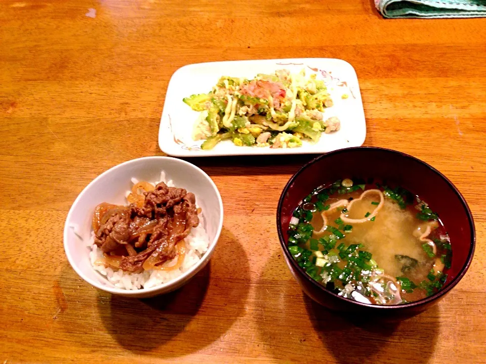 Snapdishの料理写真:牛丼.ゴーヤチャンプル.ゆうげ|木山りほなさん