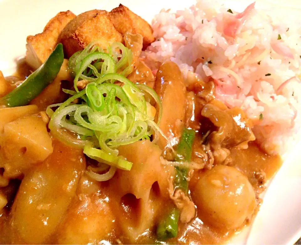 根菜和風カレー丼、焼き厚揚げ、甘酢生姜と茗荷と大葉の混ぜご飯で。。|太田 Tommyさん