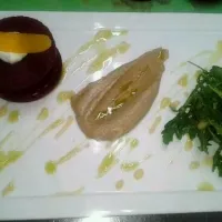 Snapdishの料理写真:beet with gaot cheese mousse stack with roasted eggplant puree,arrugula and meyer lemon emulson|chef Meganさん