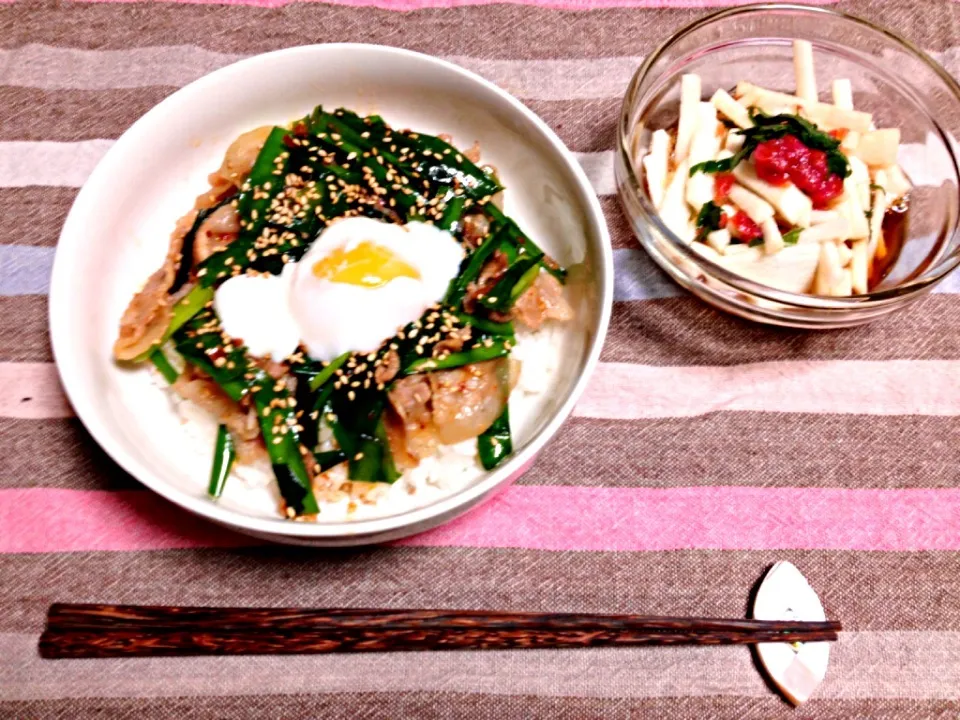 豚ニラ丼.長芋の梅肉大葉とポン酢和え|恭子さん