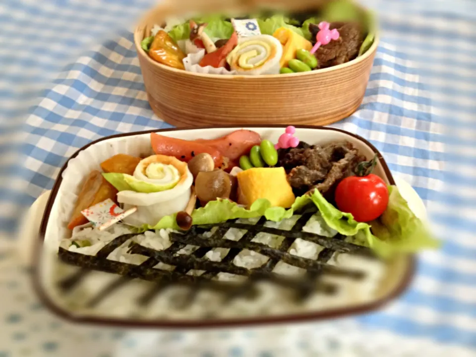 7月9日  牛肉の焼肉のタレ炒めとシメジとソーセージのごま油炒めのお弁当|かとっちみゆさん