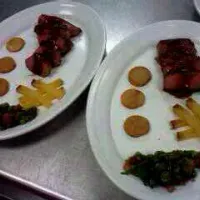 Snapdishの料理写真:Grilled flank steak, red wine demi, bacon collards, fried potatoes and roasted yellow beet.|Sara Leeさん