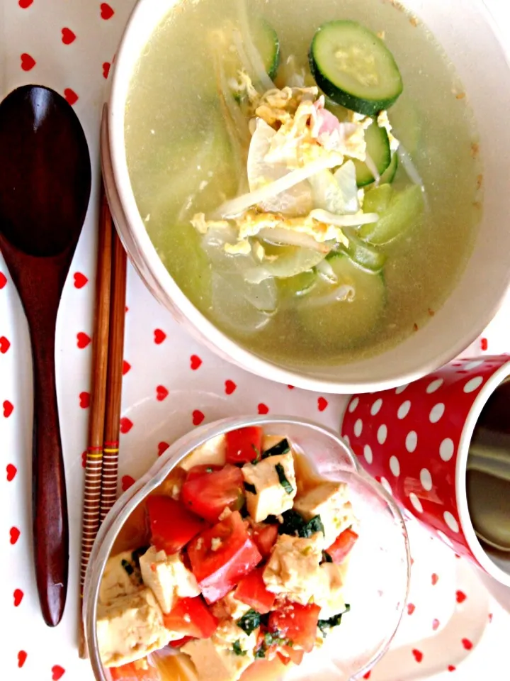 夏野菜の中華スープ、トマトと大葉の豆腐サラダ|ごりにゃんさん