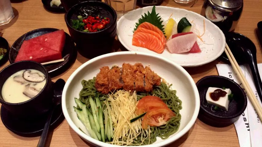 Cha soba in sesame and chili sauce with pork katsu and sashimi set|genさん