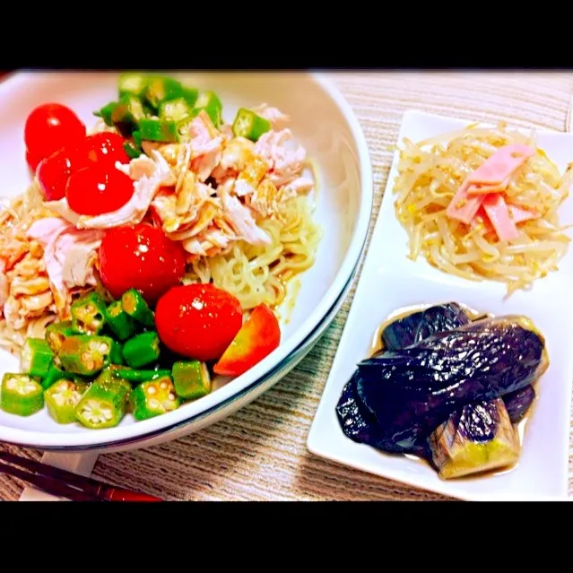 Snapdishの料理写真:●ゴマだれ冷やし中華 ●もやしナムル ●茄子の揚げ浸し|ぷみさん