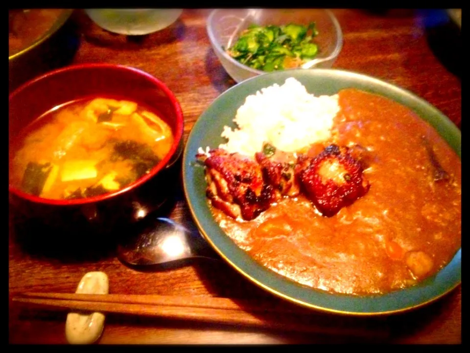 梅紫蘇胡瓜とバジルチキンカレーとお味噌汁|トキロックさん