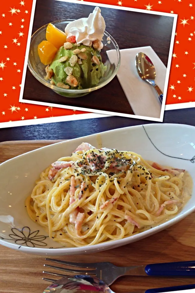 Carbonara e Sorvete de Chá Verde ..カルボナーラ😊グリーンtアイスクリーム❤|Monicaさん